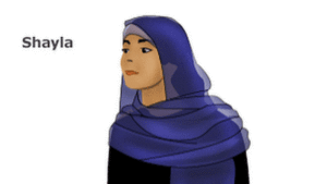 The shayla is a long, rectangular scarf popular in the Gulf region. It is wrapped around the head and tucked or pinned in place at the shoulders.
