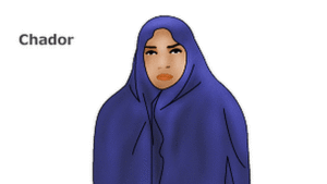 The chador, worn by many Iranian women when outside the house, is a full-body cloak. It is often accompanied by a smaller headscarf underneath.