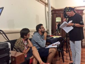 Susanne Beyers en Stian Bam tydens ‘n repetisie van “Teerling: Die Pes” deur PG du Plessis met die regisseur Eben Cruywagen, heel regs.