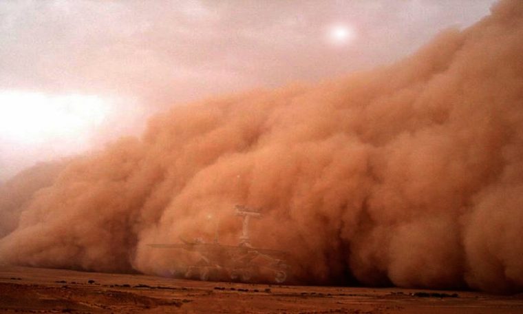 Die stofstorm op Mars van Aarde sigbaar